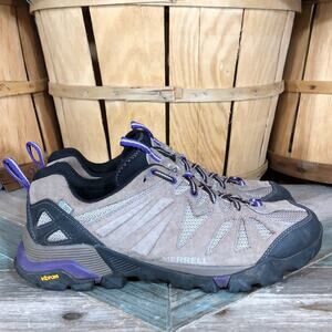 Merrell Capra Low Tan Suede Purple Waterproof Vibram Hiking Shoes Women Size 9.5
